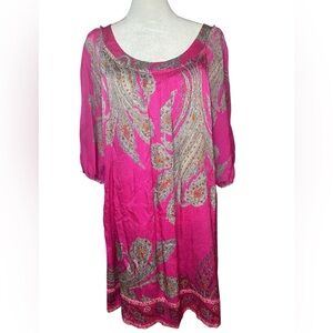 Monsoon 100% Silk Crinkle Paisley Fuchsia Pink Scoop Neck Tunic Dress - Size 12